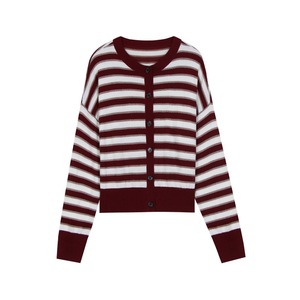 เสื้อสเวตเตอร์ถักลายทางสีตัดต่อ แขนยาว คอวี ทรงวินเทจสำหรับผู้หญิง ผ้าโพลีเอสเตอร์/ไนลอน ระบายอากาศได้ดี ติดกระดุมแบบลำลอง - Product Image 5