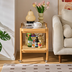 Mesa auxiliar de cristal de estilo japonés con estante de ratán, mesa pequeña de madera maciza para sofá, sala de estar, balcón, almacenamiento - Product Image 3