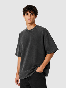 Men's <b>Vintage</b> Washed Black Regular Fit Solid 100% Cotton Blank T-Shirt Eco-Friendly Breathable Drop Shoulder Crew Neck <b>Tee</b> - Product Image 1