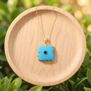 Collar con colgante cuadrado de turquesa azul con detalles en circonita negra, diseño con cuentas, cadena de latón chapada en oro de 18k, regalo unisex. - Product Image 5