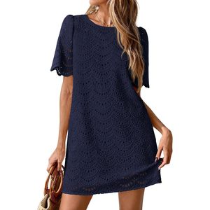 Women's Summer Casual Short Sleeve Lace Mini Dress Boho O-Neck Loose Fit Breathable Woven Beach Vacation Dress - Product Image 1