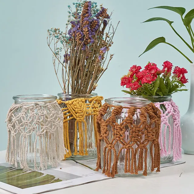 Botellas de vidrio florero almacenamiento decoración del hogar regalos arte botellas de vidrio con cuerda de algodón tejido macramé