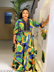 Nouvelle robe imprimée <span class=keywords><strong>AliExpress</strong></span> pour femmes africaines grandes tailles, avec strass et perles, robe à grand ourlet - Product Image 1