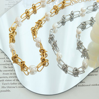 Collar de Cadena de Perlas de Agua Dulce Elegante Chapado en Oro y Acero de Titanio Estilo Francés, Pulsera de Joyería de Moda con Eslabones de Cadena
