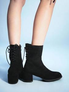 <span class=keywords><strong>Botines</strong></span> de Ante Negro Estilo Europeo <span class=keywords><strong>para</strong></span> <span class=keywords><strong>Mujer</strong></span>, Tacón Grueso Medio, Cierre Trasero con Cordones y Cremallera, Botas Cortas Elásticas <span class=keywords><strong>para</strong></span> Damas - Product Image 2
