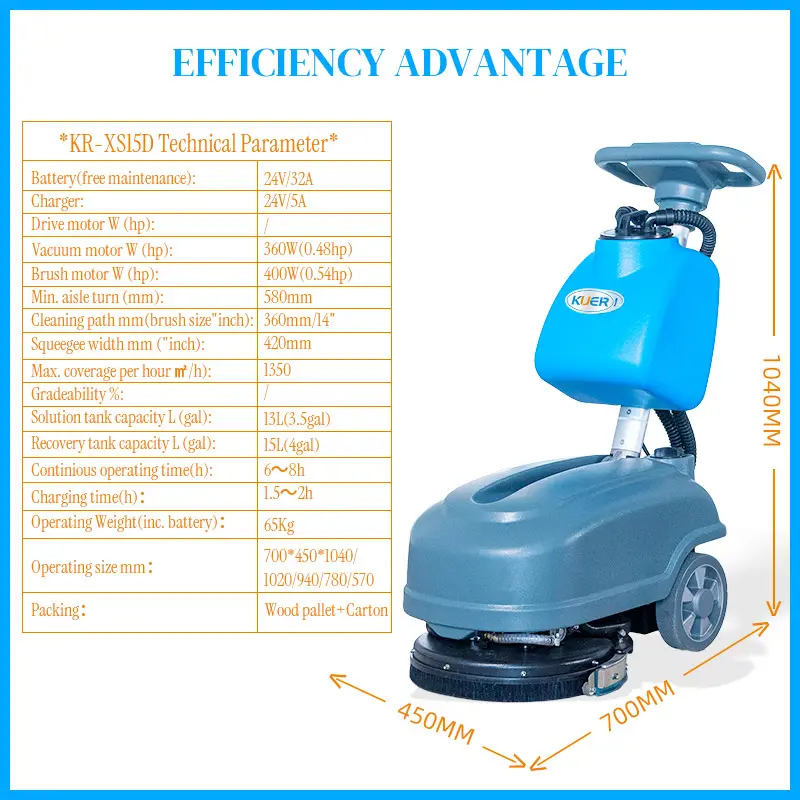 KUER KR-XS15D New Design Floor Scrubber Cleaning Machine Scrubber Walk Behind Floor Scrubber