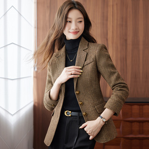 Women's Wool Blazer Brown Solid Color Anti-Wrinkle Autumn Spring Commuter Suit - Product Image 3