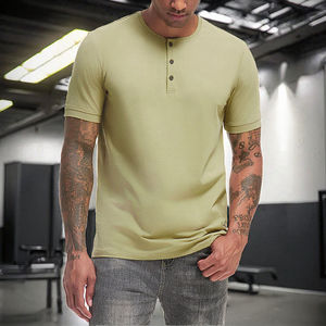 100% Cotton <b>Henley</b> Collar Button Waffle Knitted Men's Short Sleeve <b>T</b>-<b>Shirts</b> Custom Logo Blank Sporty Style Solid Pattern - Product Image 2
