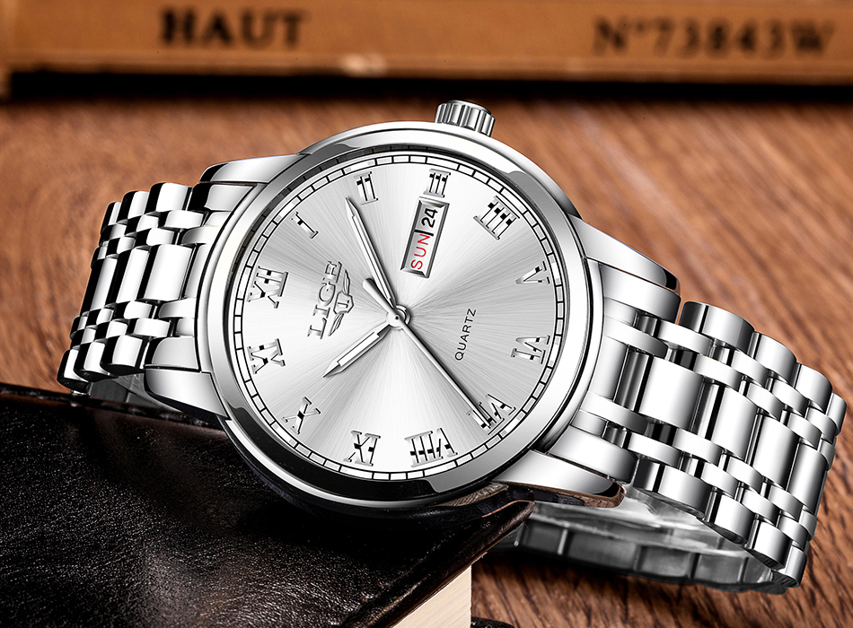 LIGE — montre-bracelet de luxe en acier inoxydable pour homme, étanche, en acier inoxydable, à Quartz, avec Date et heure, horloge