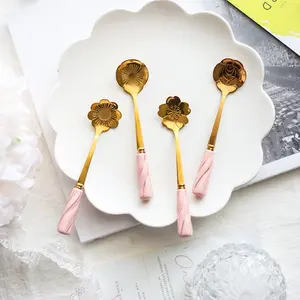 Hot selling stainless steel Spoon With Gift Box Ceramic handle Flower coffee spoon set