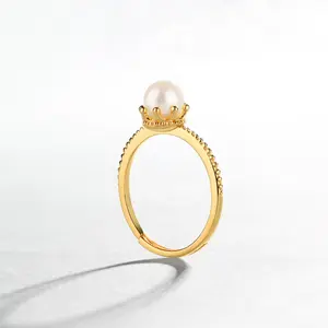 New Fashion Wedding Rings For Women Freshwater Pearl Silver Jewelry Princess Crown Shaped Ring