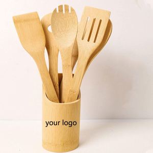 Lot de 6 ustensiles de cuisine en bambou antidérapants : spatule, cuillère, pelle, spatule carrée à long manche – Fournitures de cuisine en gros - Product Image 1