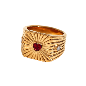 Anello con Sigillo in Acciaio Inossidabile Placcato Oro 18K con Zircone a Cuore, Inciso, Antiossidante, per Fidanzamento e Matrimonio - Product Image 1