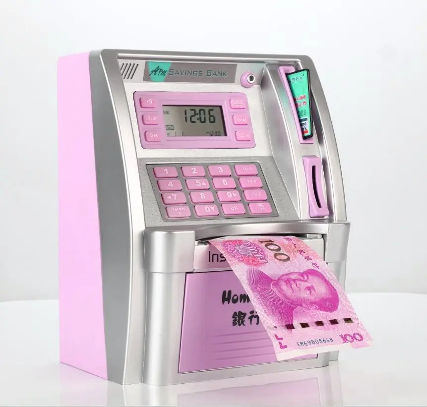 2023 Atualizado ATM Piggy Bank Savings Bank para dinheiro real para crianças Adultos com cartão de débito, senha Login, Bill Feeder