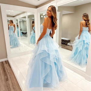 Light Blue Ball Gown Evening Dress Sweetheart Neckline Empire Waist Floral Print Straps Women's Formal Dress - Product Image 4