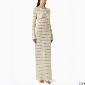 Vestido Maxi de Verano de Ganchillo con Cuello Redondo y Manga Larga, Cubrebaño de Playa con Apliques Florales 3D y Abertura Trasera para Mujer - Product Image 4