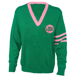 Suéter Verde con Cuello en V y Ribete Rosa y Rayas en las Mangas, Suéter de Punto para Mujer, Manga Larga, Estilo Casual Preppy - Product Image 1