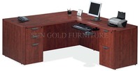 Bureau en bois et gris en forme de L avec armoire mobile à tiroirs verrouillables