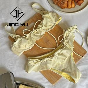 ชุดว่ายน้ำบิกินี่ไมโครผ้าไนลอนรีไซเคิลแบบสั่งทำพิเศษ ดีไซน์สายรัดระบายสีพื้นสำหรับฤดูร้อน เหมาะสำหรับใส่ไปชายหาด - Product Image 2