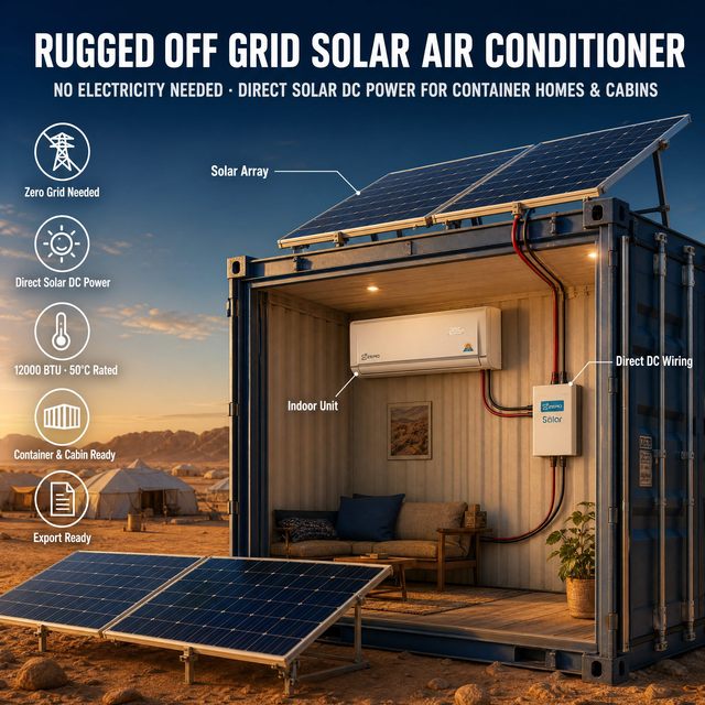 Rugged Off Grid Solar Air Conditioner With Direct Solar DC Power No Electricity Needed for Hot Climate Container Homes Cabins