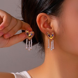 Nuovi <span class=keywords><strong>Orecchini</strong></span> Pendenti Lunghi alla Moda con Perle, Gioielli da Ragazza in <span class=keywords><strong>Acciaio</strong></span> Inossidabile con Stella di Diamanti e Nappa a Forma di Cuore - Product Image 2