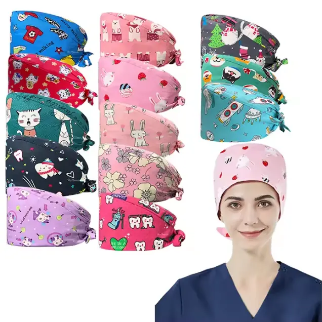 Unisex hastane schat şapka renkli Pet kliniği tıbbi şapka baskı cerrahi kapaklar diş hekimi hemşire şapka ayarlanabilir çalışma kap