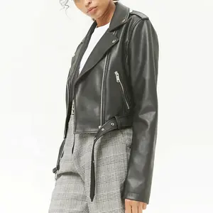 2022 Custom Fall Winter Cool Ladies Solid Leather Zipper Moto Bomber Short Top Street Wear Jacket For Women