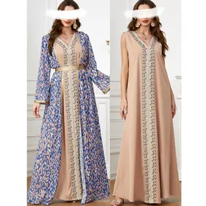 Ả Rập Thổ Nhĩ Kỳ Jalabiya Ramadan Eid Hồi Giáo Phụ Nữ Kaftan Gown Đảng Buổi Tối 2 Mảnh Abaya Set Hồi Giáo Quần Áo Ăn Mặc