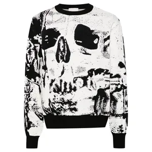 Knitting Manufacturer Men's Knitted Sweater Skull Jacquard Crew Neck Pullover Knitted Top Men's Cotton Sweater