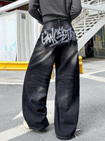 Jeans en denim noir délavé pour femme, imprimé graffiti, clouté, taille haute, coupe ample, jambe large, style streetwear Y2K, vente en gros