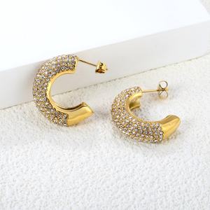 Pendientes de Aro Gruesos de Acero Inoxidable con Baño de Oro de 18k, Diseño en Forma de C, con Incrustaciones de Diamantes y Circonitas, Resistentes al Agua, Venta al por Mayor de Joyería de Moda para Mujer - Product Image 5