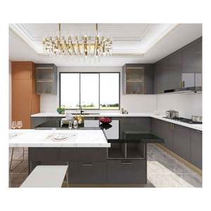 Armoires de cuisine en aluminium gris brillant de style européen, matériaux bois et panneaux, portes d'armoires de cuisine en acrylique pour une utilisation en cuisine - Product Image 1
