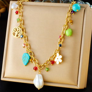 Collar vintage de doble capa con diseño de cereza, corazón y brújula, cadena de acero inoxidable con esmalte, para mujer, venta al por mayor - Product Image 2