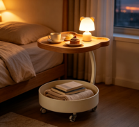 Table basse de salon sur pied, mobile, avec structure en bois durable, design moderne et minimaliste, écologique, avec rangement décoratif latéral