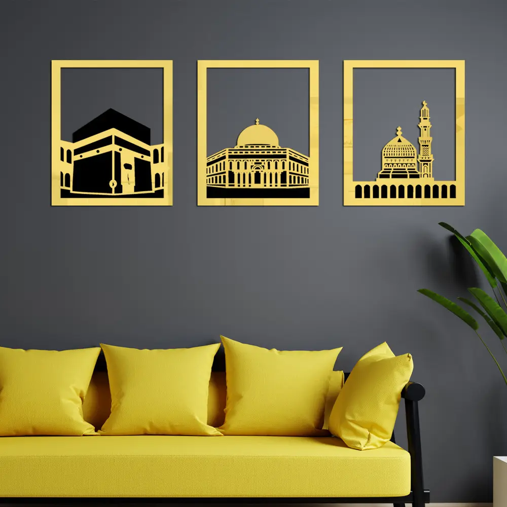 Masjid Al Aqsa Masjid Al-Haram & Masjid An-Nabawi Arte da parede islâmica | Kaaba Acrílico de madeira Decoração Ramadan Decoração H017