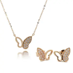 Kalung Perhiasan Mode Emas Padat 14 Karat 18 Karat Anting Kupu-kupu Emas Set Perhiasan Wanita