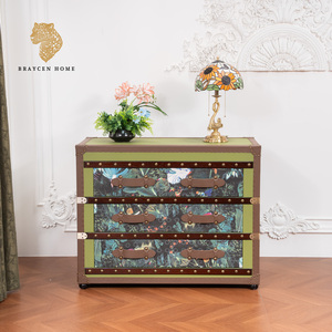Cassettiera Vintage Stile Baule a 3 Cassetti, Cassettiera Contenitore <span class=keywords><strong>Imbottita</strong></span> con Stampa Tropicale Giungla e Maniglie in Pelle, Mobile Cassettiera - Product Image 1