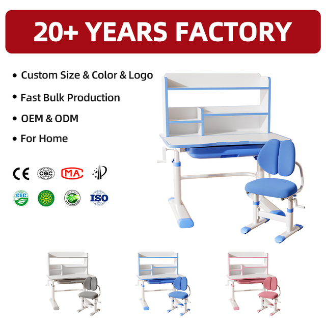 LX80-SSRN Assemble Ergonomic Height Adjustable Kids Home Study Table Desk and Chair Set with Bookshelf