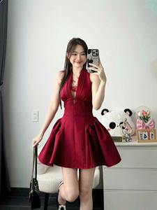 Minivestido Rojo Halter con Cuello en V y Panel de Encaje, Minivestido de Fiesta Halter con Cuello en V de Vietnam, con Panel de Encaje, Plisado, Línea A, Cintura Alta - Product Image 5