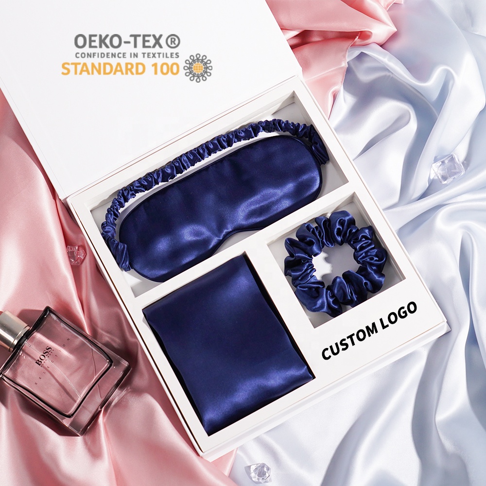 Пользовательский логотип Роскошная наволочка тутового дерева Шелковая маска для глаз Наволочка Шелковые резинки для волос Подарочный набор Шелковая наволочка тутового дерева