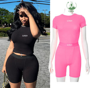 热销两件套女式时尚实心t恤和紧身短裤两件套运动服女式夏装2024服装 - Product Image 1