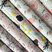 Tissu Fleuri Bleu Rose Jaune en Coton Popeline Voile Léger 76 g/m² Imprimé Numérique Personnalisable, Prédécoupé en Lot