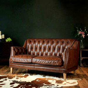 Sofá Chesterfield Tapizado, Sofá Chesterfield de Cuero Rústico Color Bronceado, Sofá Chesterfield de Cuero Genuino con Botones, Conjunto de Sofás Chesterfield para Vestíbulo de Hotel - Product Image 1