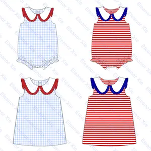 Keluaran Baru Pakaian Empat Juli Patriotik Personalisasi Saudara Perempuan Gaun Anak-anak Berkerut Musim Panas Baju Monyet Gelembung Bayi