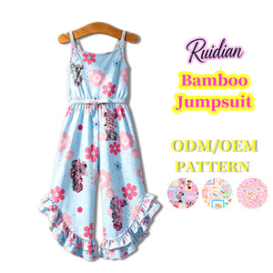 Combinaison pour tout-petits en bambou 230 GSM, sans manches, à bretelles spaghetti, imprimé intégral, à volants, jambes larges, tenue d'été pour filles, combinaison pour filles en bambou - Product Image 6