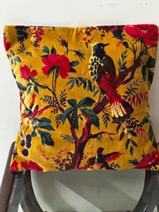 Square Velvet Cushion Cover Floral Embroidered Bohemian Style Home Decor Yellow Red Bird <b>Pattern</b> - Product Image 4