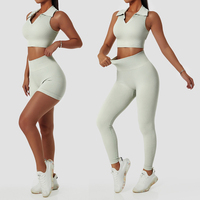 Ensemble de 3 pièces pour femmes, tenues d'athlétisme, revers d'exercice sans couture, débardeur de sport, short de Yoga, Leggings, vêtements d'entraînement de Fitness