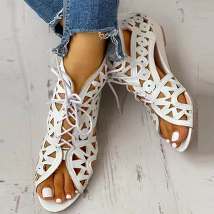 Sandalias de cuña con recortes para mujer, botines con cordones y punta abierta, con cremallera trasera, zapatos casuales de verano - Product Image 2