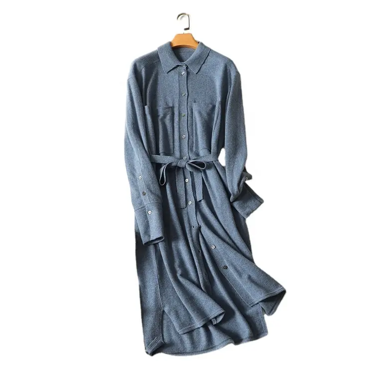 OEM/ODM women casual knitted sweater dress ladies knitted loose shirt-dress long sleeve cashmere x-long cardigan wool outwear