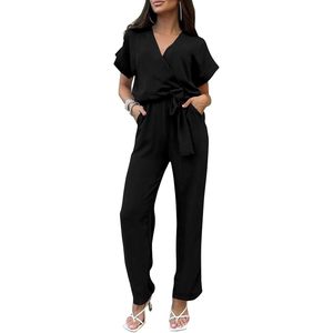 Combinaison une pièce pour femme à manches courtes, col en V croisé, jambe large, taille haute, décontractée, printemps-été, respirante, légèrement extensible - Product Image 1
